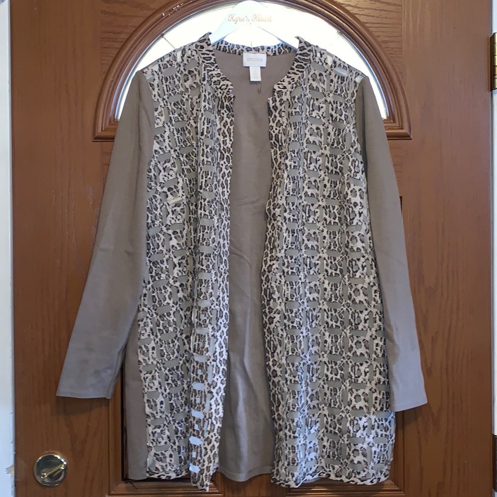CHICO’s Taupe Leopard Print Mesh Inset Open Front Duster Cardigan - Picture 5 of 16